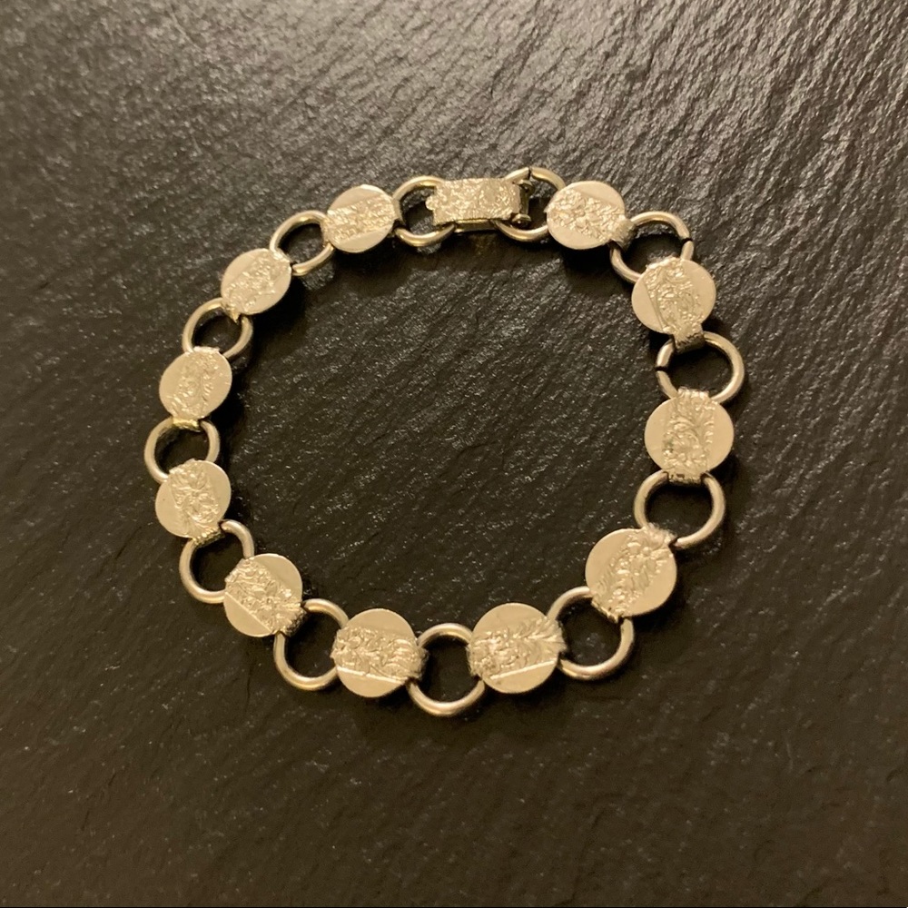 Vintage Sarah Coventry Silver Tone Charm Link Floral Etched Bracelet